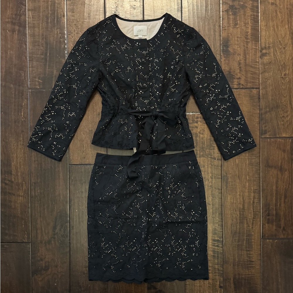 Ann Taylor Loft Suit Blazer Pencil Skirt 2 Piece Set Size 8 Black Eyelet Petite